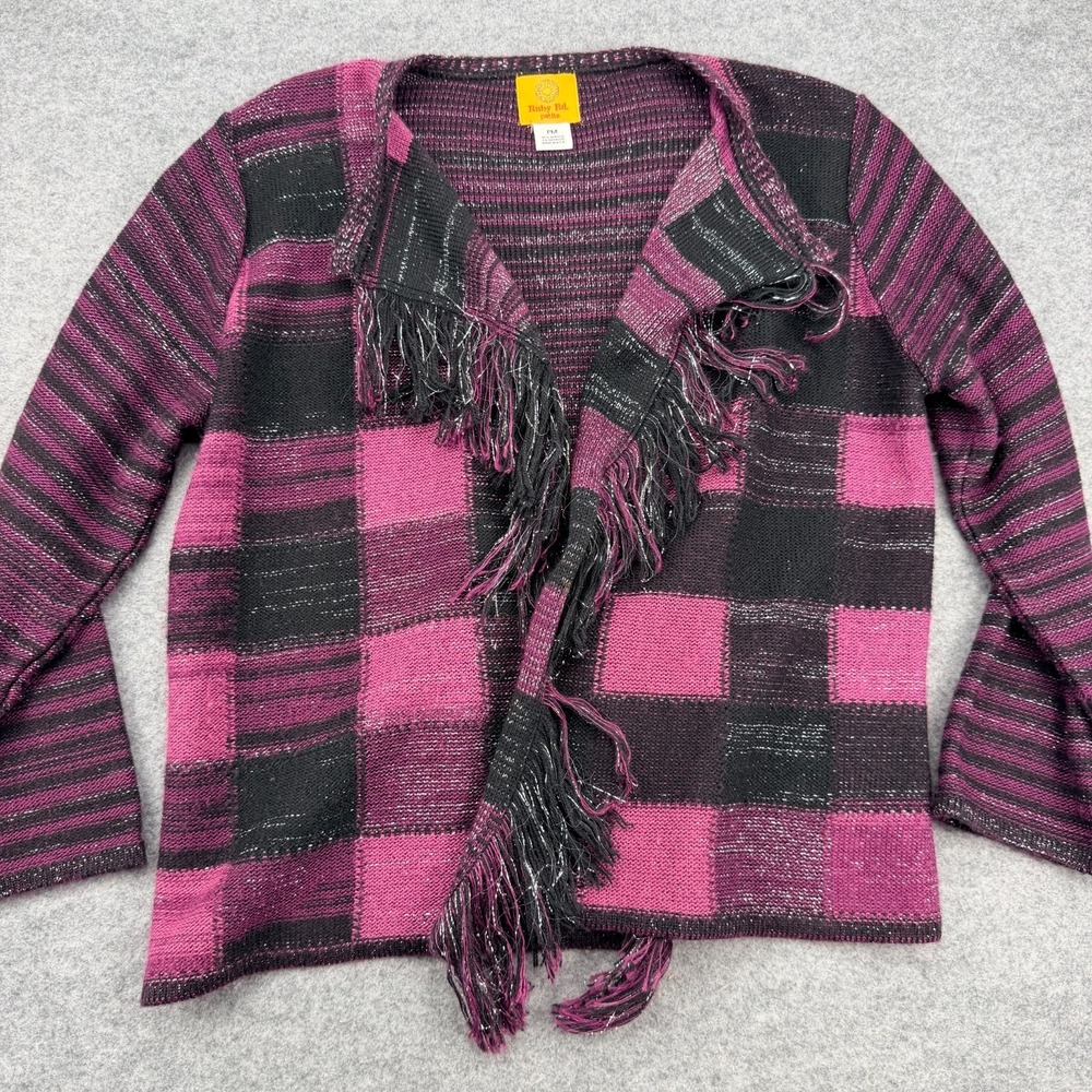 Ruby Rd Petite PM Purple Black Metallic Plaid Fringe Open Front Cardigan USA